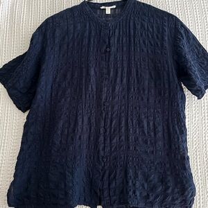 Eileen Fisher Navy Textured Button-Front Top